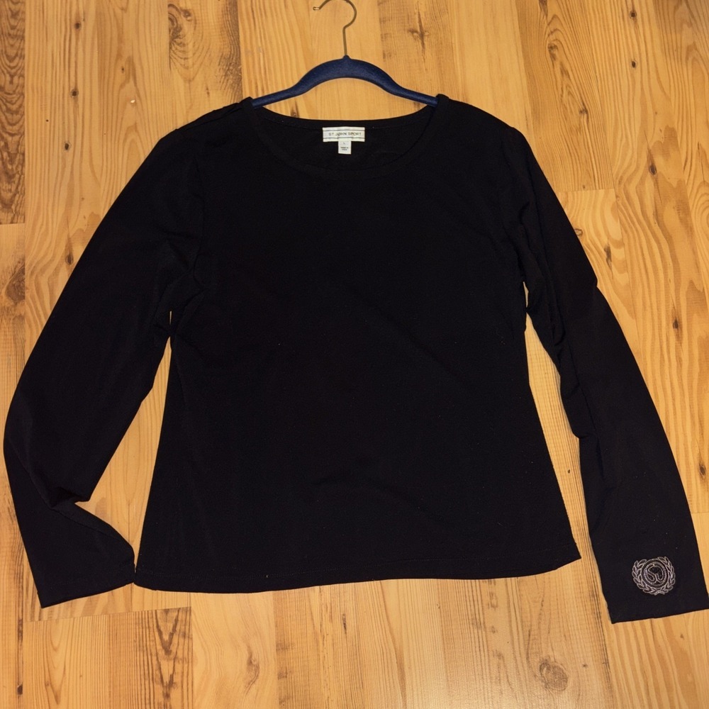 St John Sport L Black Tee Embroidered Logo Long Sleeve Stretch Knit Classic Top